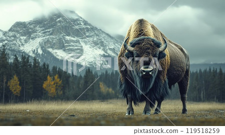 A bison stands majestically in a field with mountains behind 119518259
