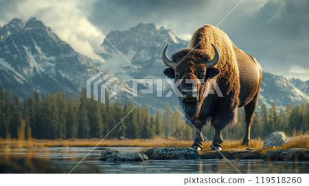 A bison stands majestically in a field with mountains behind 119518260