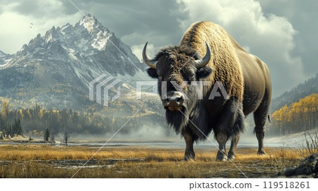 A bison stands majestically in a field with mountains behind A bison stands majestically in a field with mountains behind 119518261