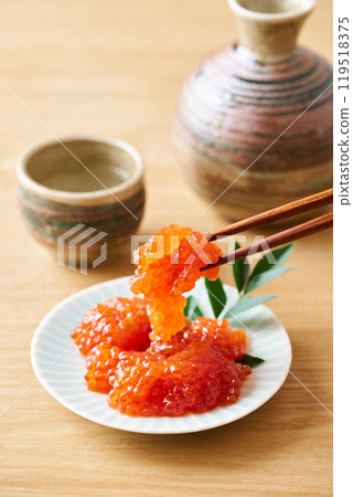 Herring roe marinated in soy sauce served on a small plate 119518375