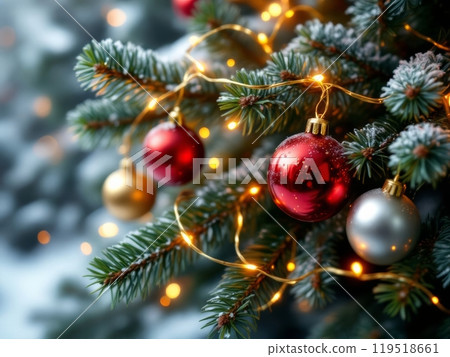 pine tree branch with Christmas ornaments 119518661