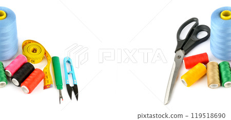 Sewing supplies isolated on a white background. Free space for text. Collage. Sewing supplies isolated on a white background. Free space for text. Collage. 119518690