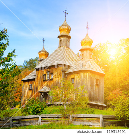 Ancient wooden orthodox church of St. Michael in Pyrohiv (Pirogovo) village near Kiev, Ukraine. 119518691