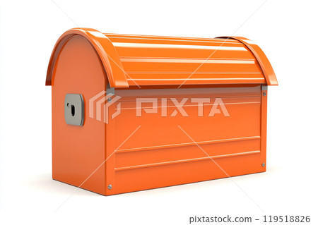 Bright orange mailbox designed for outdoor use, showcasing its metal construction and rounded top in 119518826