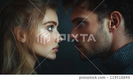 A man and a woman are currently looking at each other closely A man and a woman are currently looking at each other closely 119518849