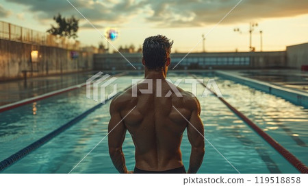 A man is standing in front of a beautiful swimming pool during sunset 119518858