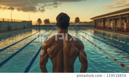 A man is standing in front of a beautiful swimming pool during sunset 119518859