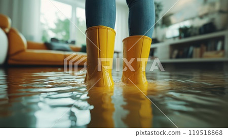 A person in yellow rain boots stands in a flooded living room 119518868