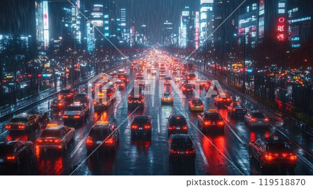 A rainy night on a busy city street with taxis driving by 119518870