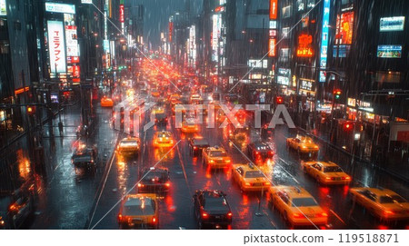A rainy night on a busy city street with taxis driving by A rainy night on a busy city street with taxis driving by 119518871