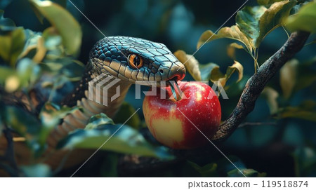 A snake is currently eating an apple with its tongue protruding out 119518874