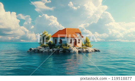 A solitary house is situated on a tiny island amidst the vast ocean 119518877