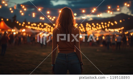 A woman in a red dress stands before a night carnival crowd 119518893