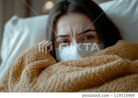 A woman wrapped in a brown blanket, wearing a mask, appears concerned while resting in a cozy 119518906