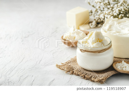 Fresh dairy products displayed on a rustic table with creamy texture and natural elements enhancing 119518907