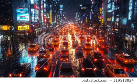 A busy city street at night filled with cars driving by 119518924