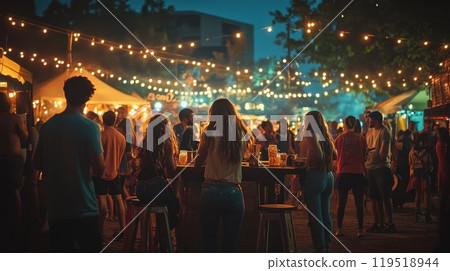 A large crowd of people has gathered together under a bright string of lights 119518944