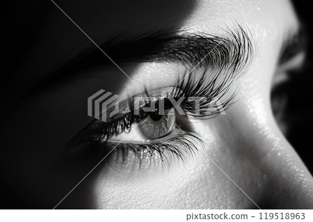 A close-up of a captivating eye showcasing long eyelashes and intricate details in shades of black 119518963