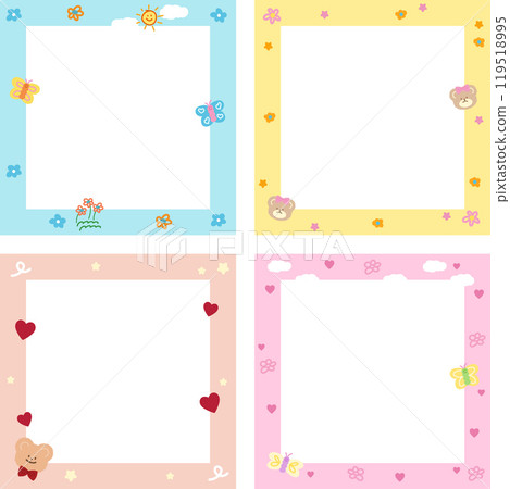 Cute pastel frame set with teddy bear, butterfly, flowers, heart for background, wallpaper, backdrop, polaroid frame, photo card, banner, square ad template, animal print, zoo, souvenir, valentine's Cute pastel frame set with teddy bear, butterfly, flowers, heart for background, wallpaper, backdrop, polaroid frame, photo card, banner, square ad template, animal print, zoo, souvenir, valentine's 119518995