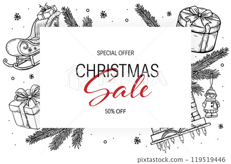 Christmas and New Year card, vintage style sketch, engraving in black and white 119519446