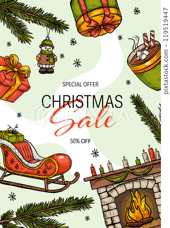 Christmas sale, black and white sketch in vintage style color engraving. Poster, banner. 119519447