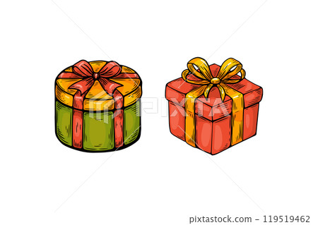 Vector sketch in vintage style, engraving, line drawing of colored gifts. 119519462