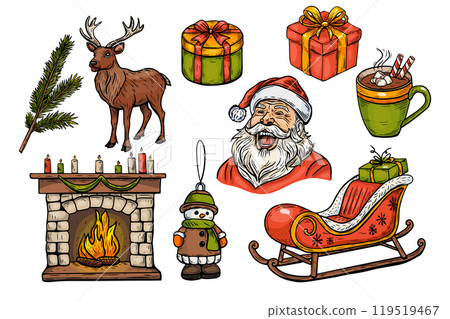 Set of Merry Christmas,vector sketch in vintage style, line drawing in color. Santa, reindeer, sleigh, gifts and other elements. Set of Merry Christmas,vector sketch in vintage style, line drawing in color. Santa, reindeer, sleigh, gifts and other elements. 119519467