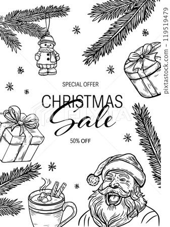 Christmas sale,black and white vintage style sketch, etching. Poster, banner. 119519479