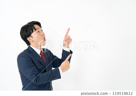 Businessman, male in his 20s, pointing Businessman, male in his 20s, pointing 119519612