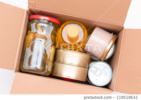 Carton Box with Canned Food, Cereals and Grocery - Donation Box or Food Reserves 119519632