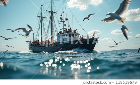 A boat carrying several people is surrounded by seagulls in the vast ocean 119519679