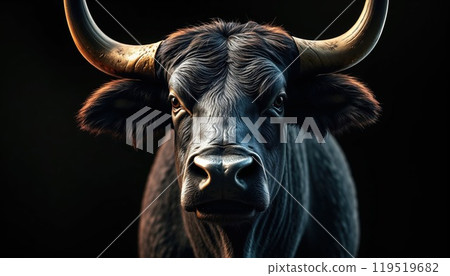 A closeup photo of a bulls face against a dark background A closeup photo of a bulls face against a dark background 119519682