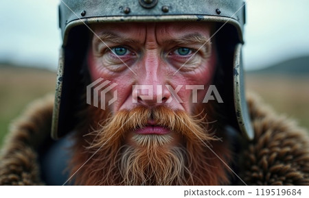 A detailed close up image of a man who has a beard and is wearing a helmet A detailed close up image of a man who has a beard and is wearing a helmet 119519684