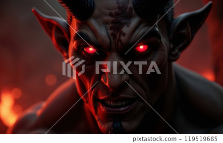 A detailed close up of a menacing demon featuring glowing red eyes A detailed close up of a menacing demon featuring glowing red eyes 119519685