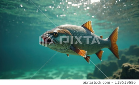 A fish is actively swimming in the vast ocean with its mouth open wide A fish is actively swimming in the vast ocean with its mouth open wide 119519686
