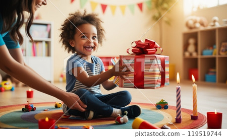 Child receiving a birthday present 119519744