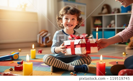 Child receiving a birthday present 119519745