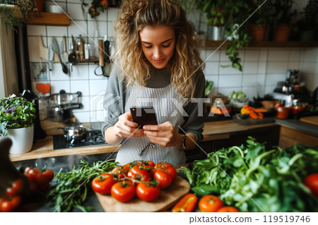 Young woman in a cozy kitchen using her smartphone while surrounded by fresh, organic vegetables and 119519746