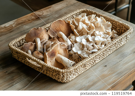 Freshly harvested mushrooms displayed in a rustic woven basket on a wooden table in a cozy kitchen Freshly harvested mushrooms displayed in a rustic woven basket on a wooden table in a cozy kitchen 119519764