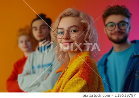 Young adults posing cheerfully together against a colorful gradient background in a photo shoot 119519797