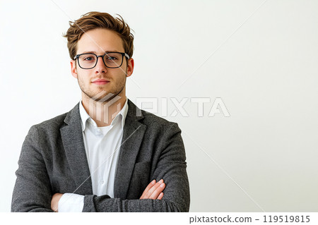 A young man wearing glasses stands confidently with his arms crossed, dressed in a smart casual A young man wearing glasses stands confidently with his arms crossed, dressed in a smart casual 119519815