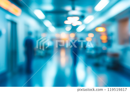 Busy hospital corridor with healthcare professionals moving and attending to patients during a late Busy hospital corridor with healthcare professionals moving and attending to patients during a late 119519817