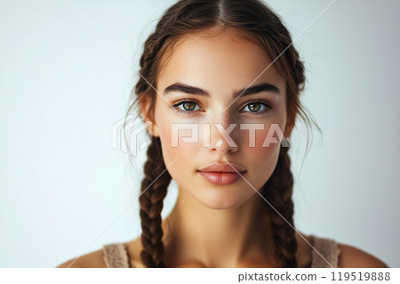 A young woman with braids beautifully gazes at the camera against a plain backdrop during a indoor 119519888