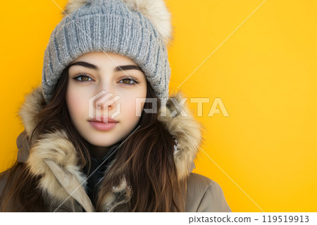 Young woman in a warm winter coat and gray hat poses against a vibrant yellow background during a 119519913