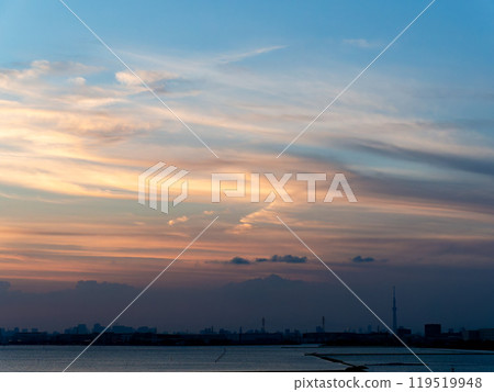 Evening view of central Tokyo seen across Tokyo Bay Evening view of central Tokyo seen across Tokyo Bay 119519948