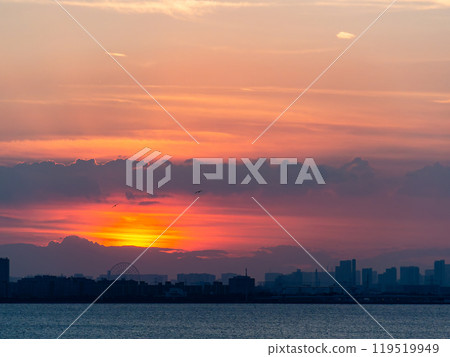 Evening view of central Tokyo seen across Tokyo Bay Evening view of central Tokyo seen across Tokyo Bay 119519949