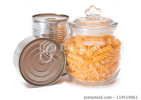Food Reserves: Canned Food, Spaghetti, Pate, Tuna, Tomato Juice, Pasta, Fish and Grocery - Isolated 119519961