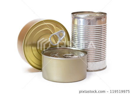 A Group of Stacked Tin Cans with Blank Edges Isolated on White 119519975