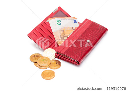 Opened Red Women Purse with 50 Euro Banknotes Inside and Bitcoin Coins - Isolated 119519976