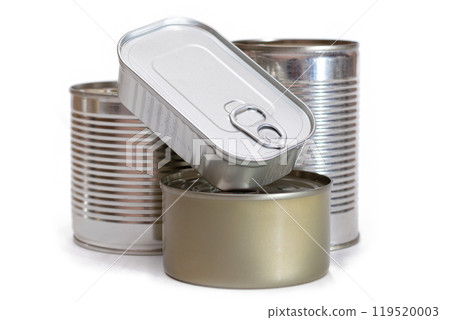 A Group of Stacked Tin Cans with Blank Edges Isolated on White A Group of Stacked Tin Cans with Blank Edges Isolated on White 119520003
